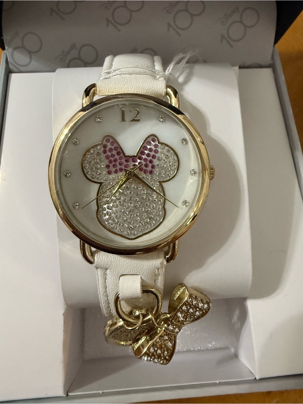 Disney 100th Anniversary Crystal Minnie Mouse Bow Charm Watch NEW